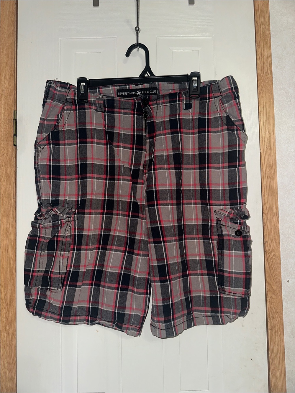 Beverly Hills Polo Club Black & Gray Plaid Cargo Shorts with Red Accents